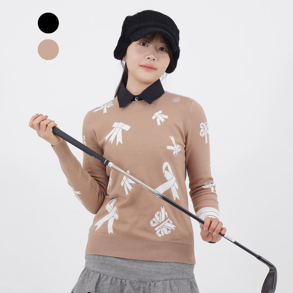 리본무늬 소매 삼선 골프니트 여자골프티